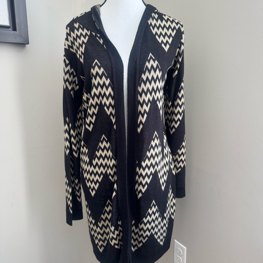 Allison Brittney Black Cream Geometric Hooded Open Front‎ Cardigan M